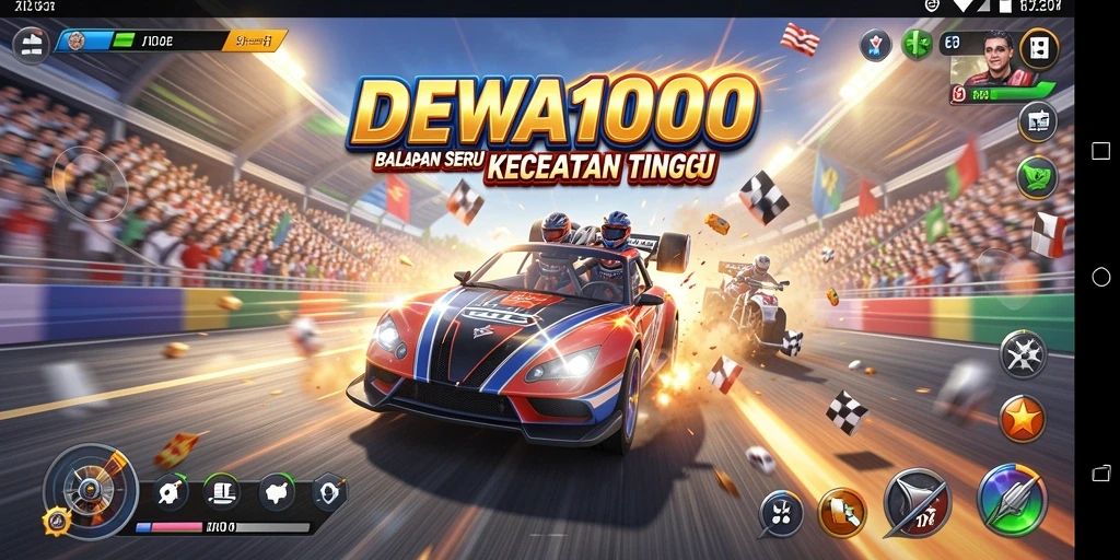 Gameplay seru DEWA1000 dengan mobil balap yang cepat.