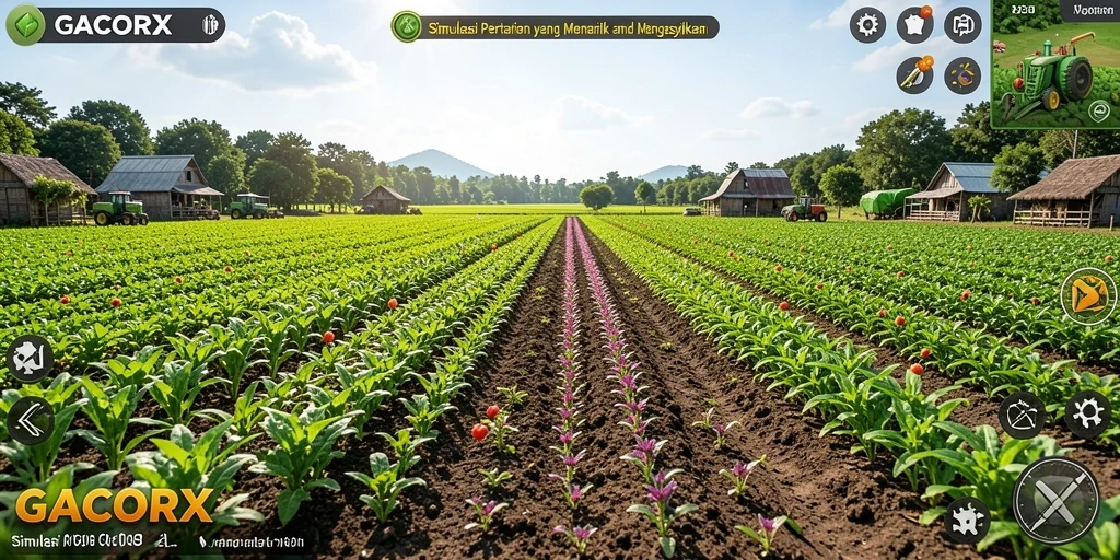 Screenshot utama GACORX menampilkan ladang subur dan aktivitas bertani yang intens.