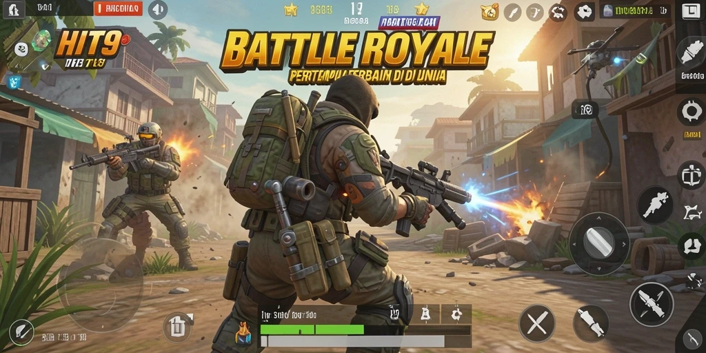 Menggambarkan pertempuran intens dalam HIT9 Battle Royale.