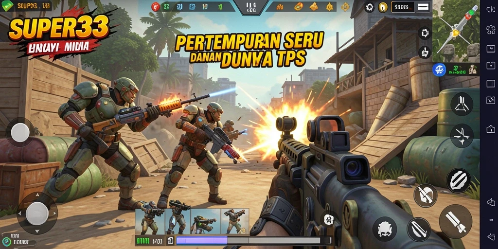 Tampilan gameplay intens dari SUPER33 yang menampilkan aksi TPS.